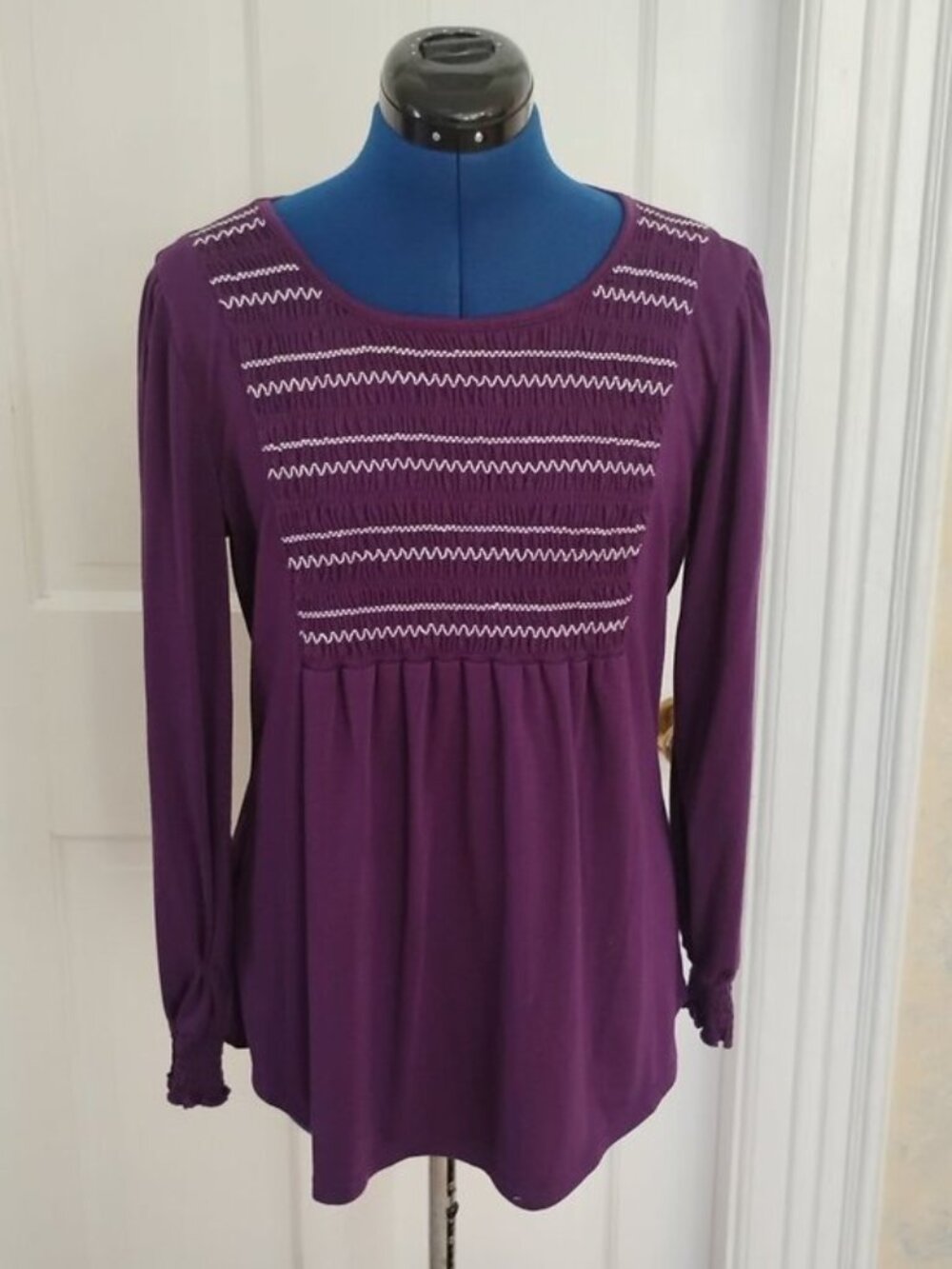 Dark Purple Long Puff Sleeve Smocked Tunic top - Picture 2 of 5